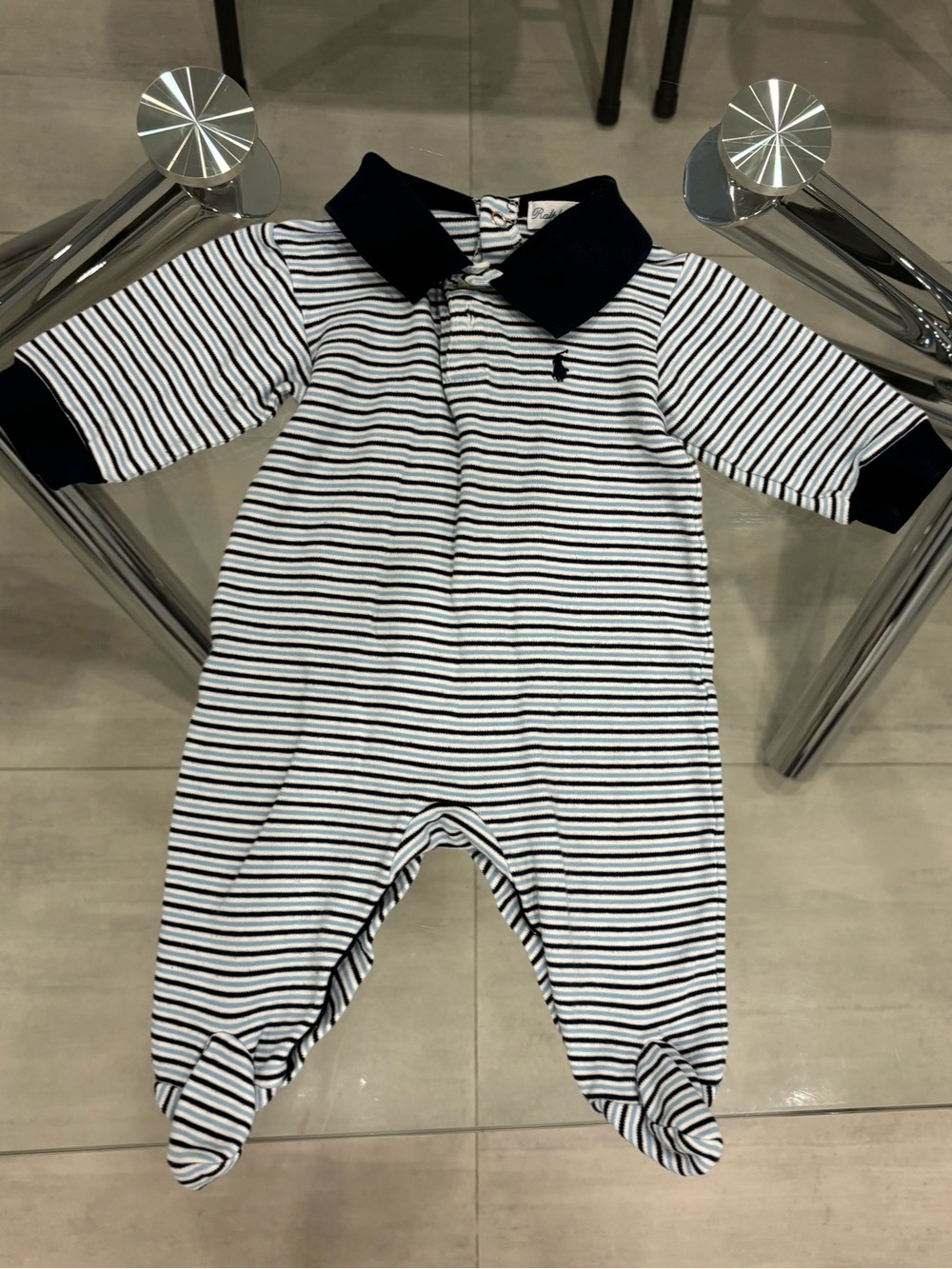 Ralph Lauren Navy & White Striped Footed One-Piece